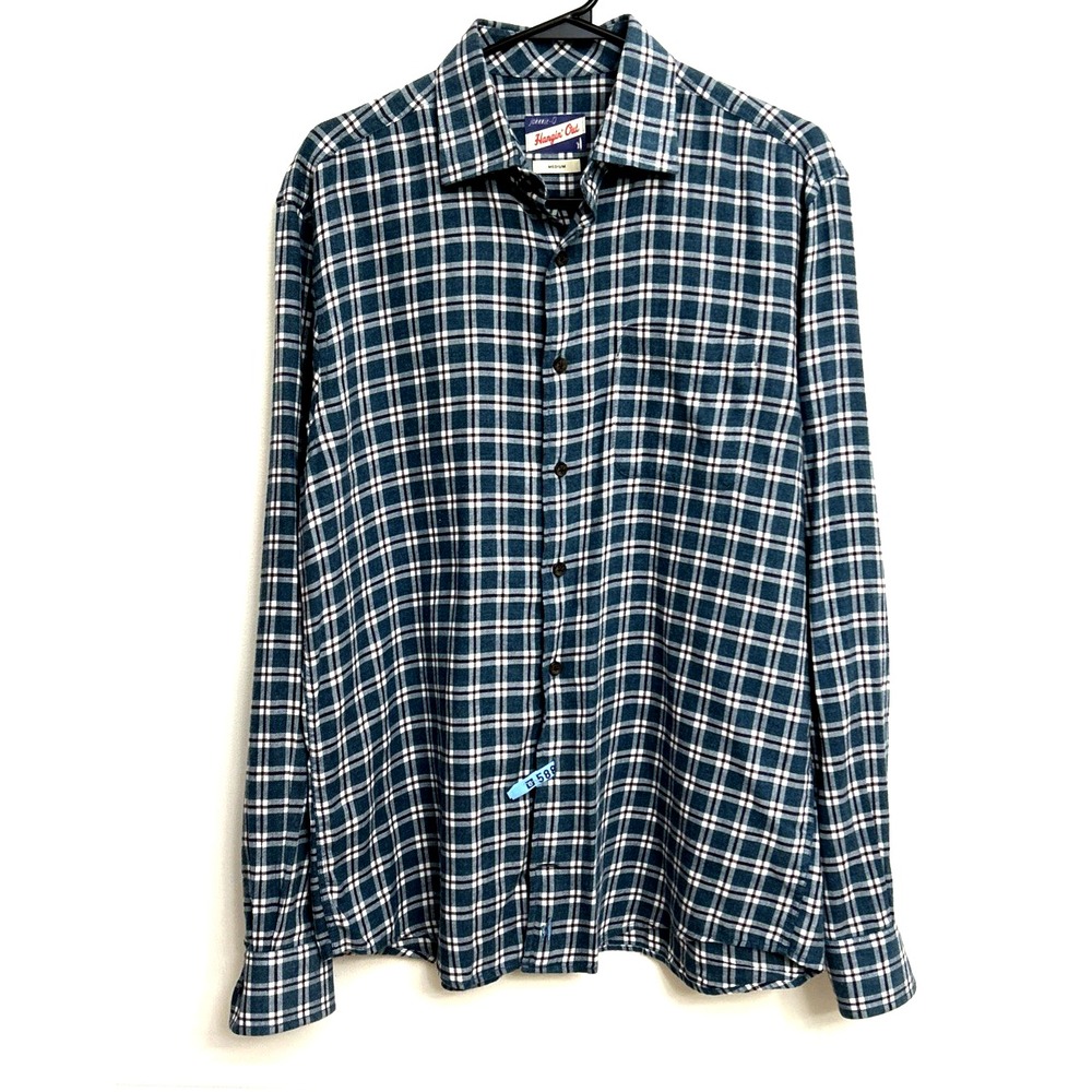 Johnnie-O Hanging Out Surf Flannel Shirt Men's M Plaid Teal Brown White Cotton